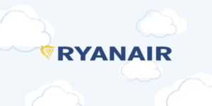 Ryanair logo with background of the blue sky, with white clouds and blue outlines