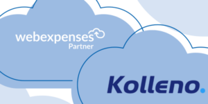 Blue clouds with white Webexpenses logo next to the word 'partner' in the first cloud, and Kolleno's logo in the second blue cloud