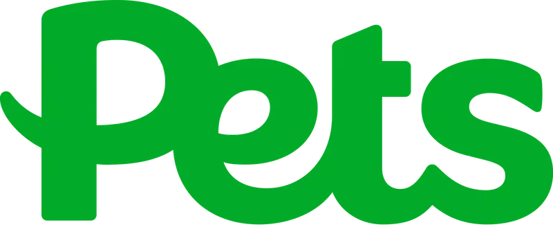 Green writing 'Pets' Pets at Home logo on white background