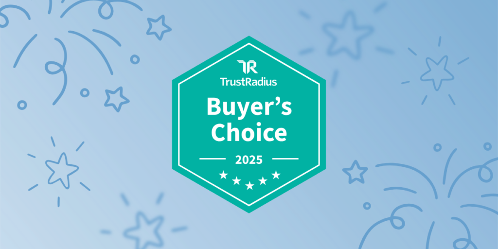 TrustRadius announcement image. Light blue background with confetti and shooting stars, with the green 2025 'buyers choice' badge in the middle of the page